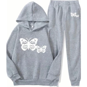 Kids Face Özel Tasarım Kapüşonlu Whıte Butterfly Baskılı Şardonlu Kışlık Kız Çocuk Eşofman Takımı