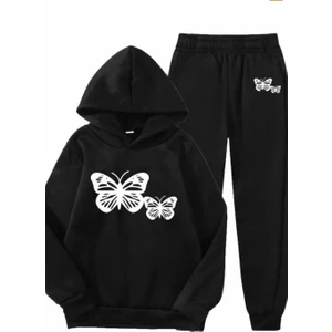 Kids Face Özel Tasarım Kapüşonlu Whıte Butterfly Baskılı Şardonlu Kışlık Kız Çocuk Eşofman Takımı