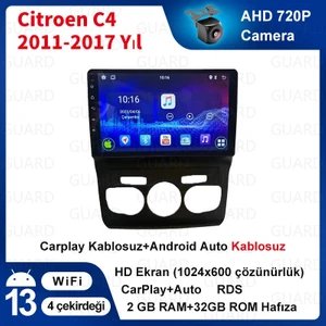 Citroen C4 2011-2017 Yıl Android Sürüm 13 Kablosuz Carplay Navigasyon Multimedya 10 Inç Ekran 2Gb Ram +32Gb Rom Hafıza Çerçeve ve Arka Görüş Kamerası ile