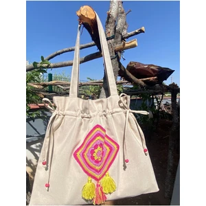 Büzgülü, Pembe Kare Motifli Tote Bez Omuz Çantası