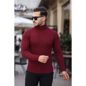 Roberto Bornova Bordo Slim Fit Boğazlı Fitilli Triko Kazak