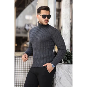 Roberto Bornova Füme Slim Fit Boğazlı Fitilli Triko Kazak