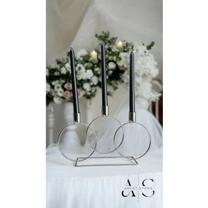 Ahlat Store Gümüş Şamdan Mumluk Metal 3 Gözlü Yuvarlak Halka Mumluk Ev Dekorasyon, Şamdan Mumluk