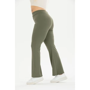 Curve Büyük Beden Fitilli Ispanyol Paça Şardonlu Polarlı Yüksek Bel Toparlayıcı Haki Tayt