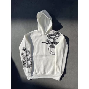 Tarz Yeri Uzun Kol Kapüşonlu Baskılı SweatShirt - Beyaz