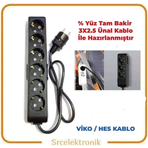 Multi-Let 6 Li Ünal Kablolu Siyah (1 ile 10 Metre Arası) Topraklı Çocuk Korumalı Uzatma ( 3x2.5 Ünal Kablo Tam Bakır) Ttr Kablo Tseli HO5VV-F