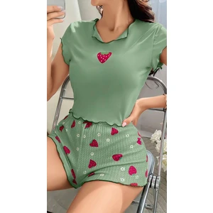 Stilim Trend Yeşil Kalp Desenli Yarım Kol Şortlu 2li Kadın Saten Gecelik Pijama Takımı