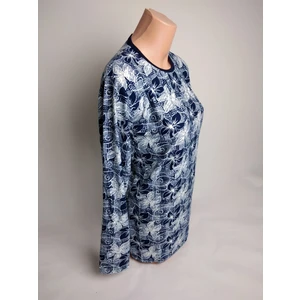 Kadın Mavi Beyaz Desenli Bisiklet Yaka Uzun Kollu Yanları Yırtmaçlı Mevsimlik Süet Anne Penye Tişört