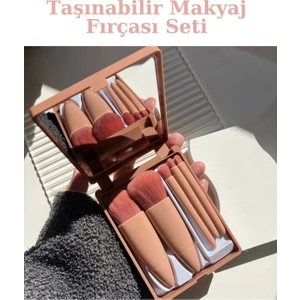 Çanta Boy Aynalı 5'li Makyaj Fırça Seti Göz Farı Fondöten Allık Karıştırma Makyaj Fırçaları