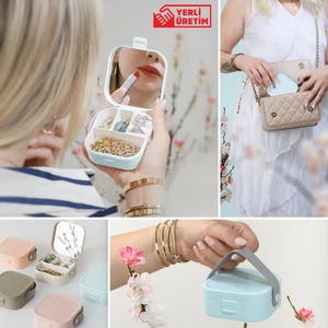 House By House Çanta Içi Aynalı Mini Makyaj Takı Kutusu Mavi