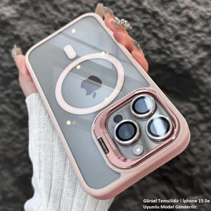 iPhone 15 Pro Uyumlu Kılıf Klon Stantlı + Lens Korumalı Magsafe Kapak