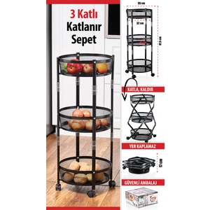 3 Katlı Pratik Katlanır Siyah Renk Tekerlekli Patates Soğanlık - Çok Amaçlı 87,5cm Metal Organizer