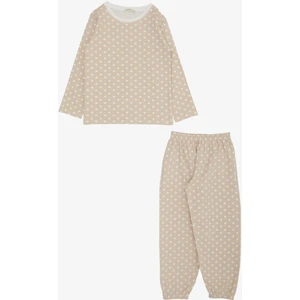 Kız Çocuk Pijama Takımı Çizgili Puantiye Desenli 4-8 Yaş, Bej
