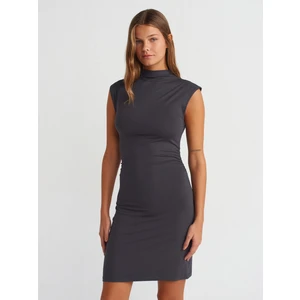 91238 Dik Yaka Kolsuz Mini Elbise-Antrasit