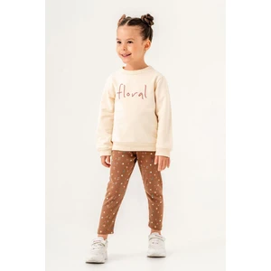 Kız Çocuk Çiçek Desenli Kışlık 3 Iplik Pamuklu Sweatshirt Tayt Alt-Üst Tokalı Takım