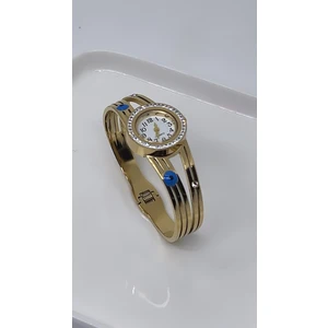 Kaburga Model Nazar Boncuklu Zirkon Taşlı Gold Çelik Saat Kelepçe