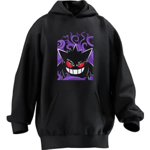 Nmg Tekstil Unisex Premium Pamuk Siyah  Mor Ginger Pokemon Baskılı 3 Iplik Kapüşonlu Sweatshirt