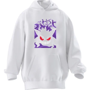 Nmg Tekstil Unisex Premium Pamuk Beyaz  Mor Ginger Pokemon Baskılı 3 Iplik Kapüşonlu Sweatshirt