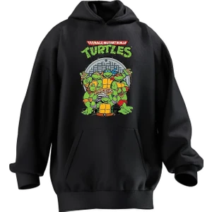 Nmg Tekstil Unisex Premium Pamuk Siyah  Ninja Kaplumbağalar Poster Baskılı 3 Iplik Kapüşonlu Sweatshirt