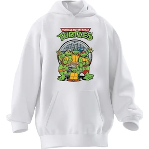 Nmg Tekstil Unisex Premium Pamuk Beyaz  Ninja Kaplumbağalar Poster Baskılı 3 Iplik Kapüşonlu Sweatshirt