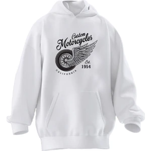 Nmg Tekstil Unisex Premium Pamuk Beyaz  Custom Motor Baskılı 3 Iplik Kapüşonlu Sweatshirt