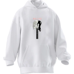 Nmg Tekstil Unisex Premium Pamuk Beyaz  Iskelet Elektro Gitar Baskılı 3 Iplik Kapüşonlu Sweatshirt