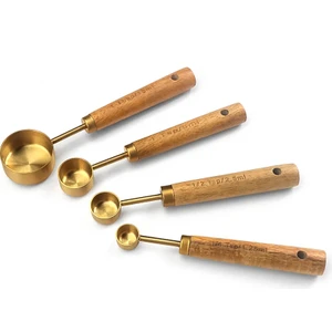 Küçük 4'lü Ahşap Saplı Gold Lüks Ölçü Kaşığı - Baharat Kaşığı Seti