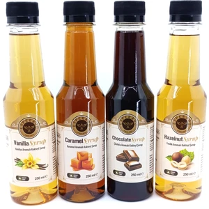 ŞEKERSİZ-SUGAR FREE - VANİLYA-KARAMEL-FINDIK*ÇİKOLATA AROMALI KAHVE ŞURUBU-4 LÜ SET- 250 MLX4 AD.