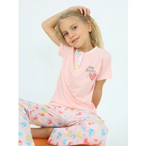 Kız Çocuk Kısa Kollu  Pamuklu Düğme Detaylı Little Dreamer Pijama Takımı Somon