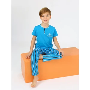 Erkek Çocuk Kısa Kollu  Pamuklu Düğme Detaylı Wave Pijama Takımı