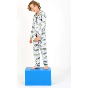 Erkek Çocuk Pijama Takımı Düğmeli Tropikal Desen Uzun Kollu