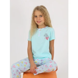 Kız Çocuk Kısa Kollu  Pamuklu Düğme Detaylı Little Dreamer Pijama Takımı Yeşil
