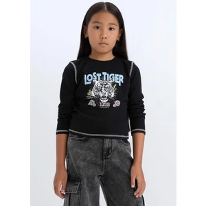 Kız Çocuk Cropped Fit Bisiklet Yaka Baskılı Fitilli Kaşkorse Uzun Kollu Tişört