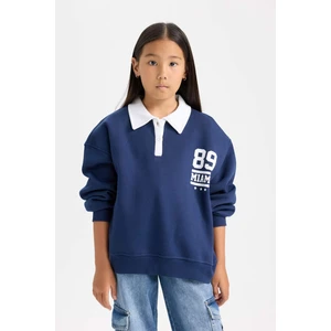 Kız Çocuk Oversize Geniş Kalıp Polo Yaka Baskılı İçi Yumuşak Tüylü Sweatshirt D3497A824WN