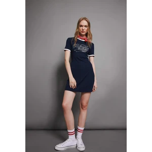 Coool Bodycon Vücuda Oturan Bisiklet Yaka Baskılı Fitilli Kaşkorse Kısa Kollu Mini Siyah Elbise D4502AX24AU