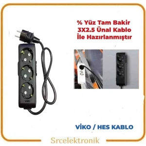 Multi-Let 3 Lü Ünal Kablolu Siyah (1 ile 10 Metre Arası) Topraklı Çocuk Korumalı Uzatma ( 3x2.5 Ünal Kablo Tam Bakır) Ttr Kablo Tseli HO5VV-F