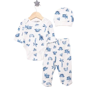 Dinazor Baskılı Yenidoğan Erkek Body-Patikli Alt-Şapka Erkek Bebek