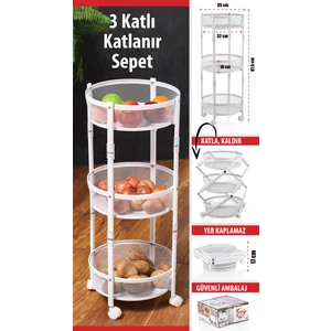 3 Katlı Pratik Katlanır Beyaz Renk Tekerlekli Patates Soğanlık - Çok Amaçlı 87,5cm Metal Organizer