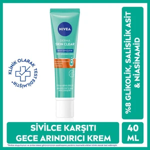 NIVEA Derma Skin Clear Night Exfoliator Gece Arındırıcı Krem 40ml, %8 Glikolik Asit (AHA) ve Salisilik Asit (BHA) ile ,Eşit Cilt Tonu