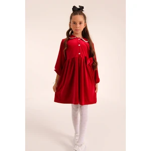 Şık Kadife Düğmeli Elbise Kız Çocuk Kırmızı