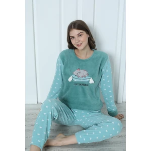 Fwn 5006 Peluş Welsoft Polar Kışlık Yumoş Kadın Pijama Takımı Uyuyan Kedili