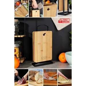 Wenken Metal Standlı 4 Parça Bambu Et Balık Peynir Ekmek Kesme Tahtası