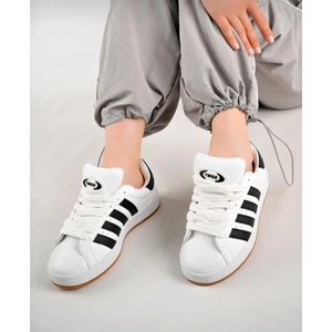 Unisex Klasik Bağcıklı Ortopedik Spor Sneaker Ayakkabı-Beyaz-Siyah