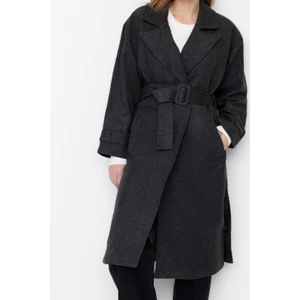Kadın Moda Şık Bol Ceket Yaka Uzun Düz Astarlı Oversize Geniş Kesim Kemerli Uzun Yünlü Kaşe Kaban