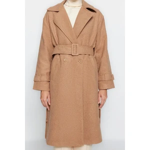 Kadın Moda Şık Bol Ceket Yaka Uzun Düz Astarlı Oversize Geniş Kesim Kemerli Uzun Yünlü Kaşe Kaban