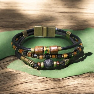 Siyah Lav Taşlı Ahşap ve Metal Boncuklu Bileklik - Metal Mıknatıs Kapama