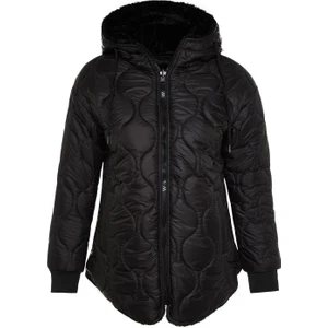 Kadın Moda Şık Regular Kapüşonlu Yaka Midi Düz Çift Taraflı Kapüşonlu Peluş Kapitone Şişme Mont