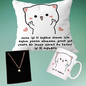 Iyi Ki Doğdun Doğum Günü Yastık & Kupa & Yıldız Kolye Arkadaşa Hediye