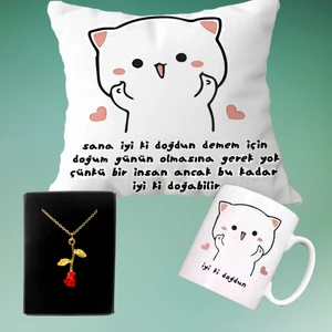 Iyi Ki Doğdun Doğum Günü Yastık & Kupa & Gold Rose Gül Kolye