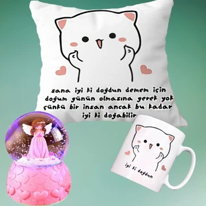 Iyi Ki Doğdun Doğum Günü Yastık & Kupa & Pembe Peri Işıklı Sihirli Kar Küresi Arkadaşa Hediye